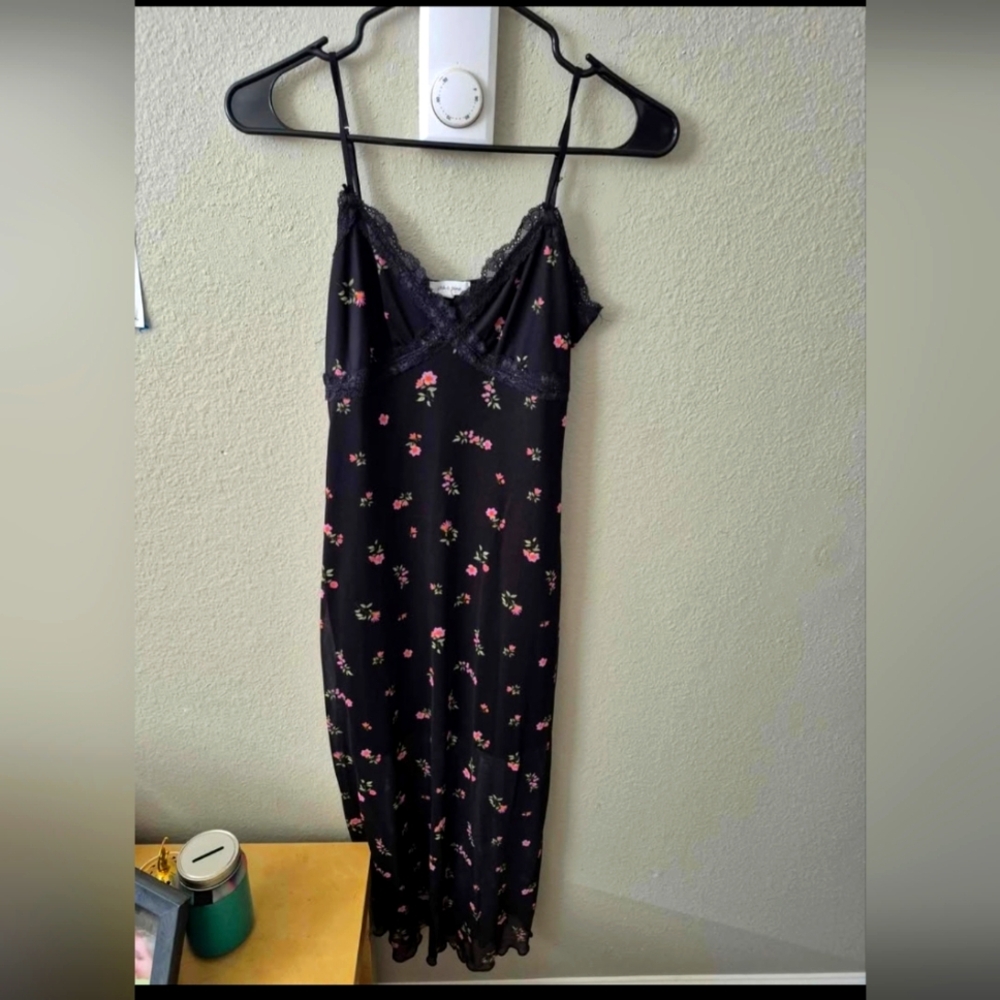 Floral Black Slip Dress with Lace Trim